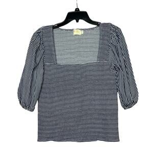 Nation LTD Samira Smocked Tee Navy Stripe Puff Sleeve Top Size Large New